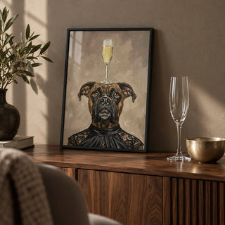 Boxer Dog Print, a small A4 framed print leaning on a walnut sideboard in a living room