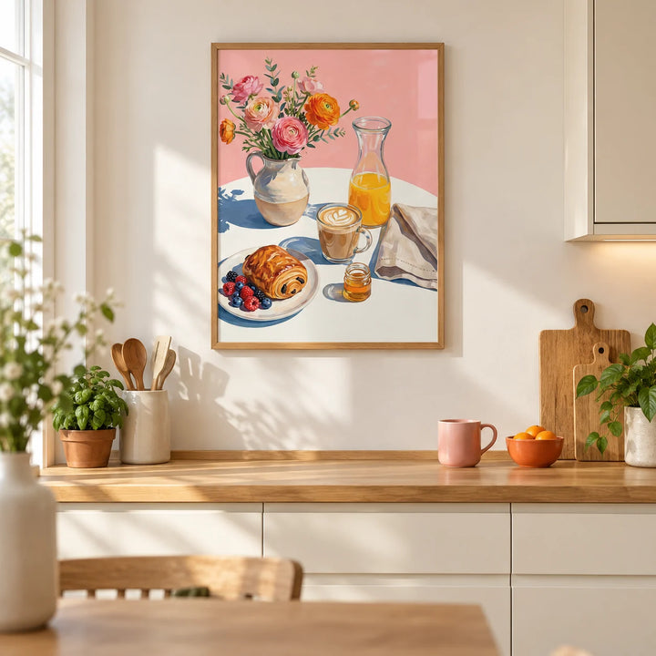 Breakfast Wall Art, framed on the wall of a bright contemporary kitchen in a UK terraced home with warm white walls