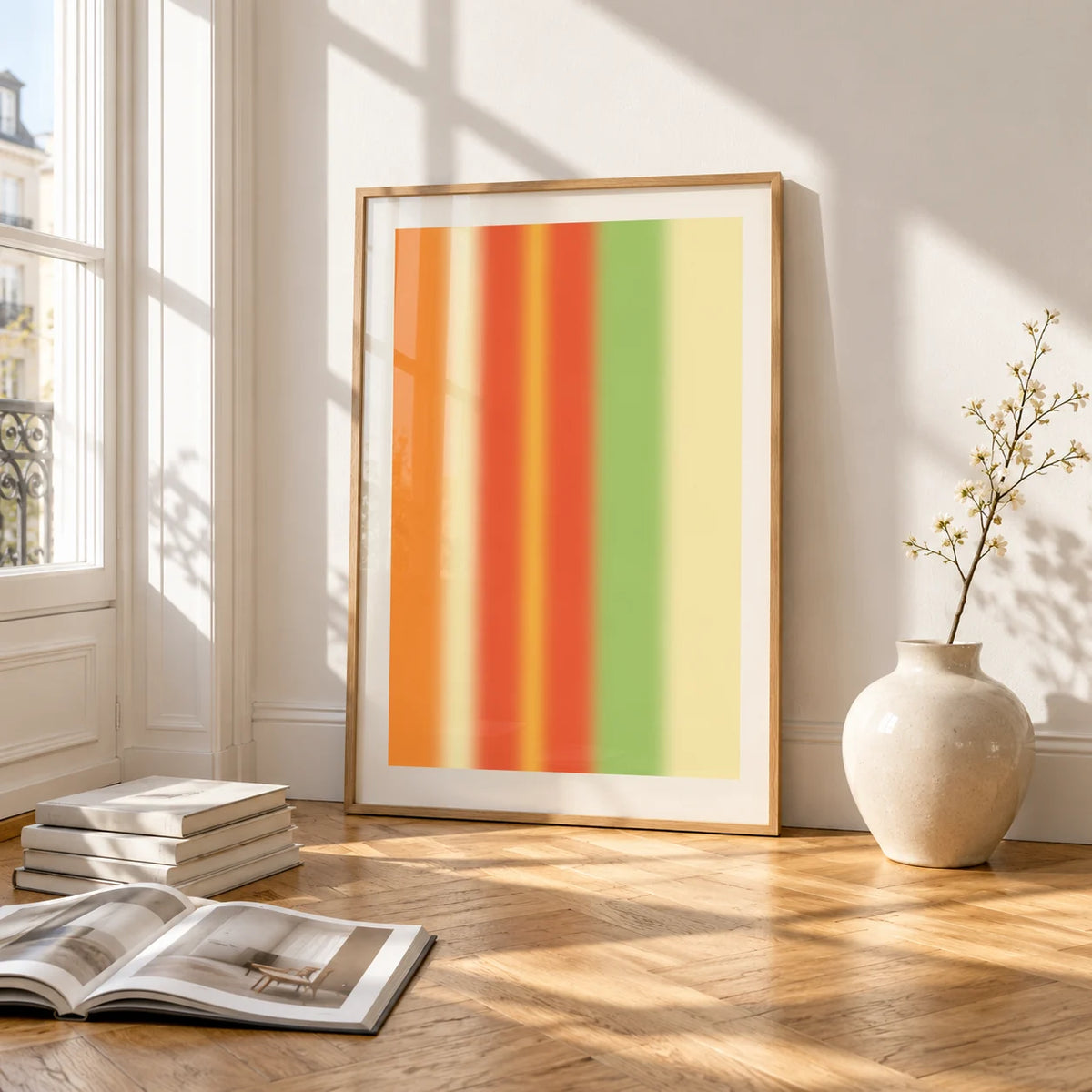 Bright Abstract Wall Art, framed and leaning on the parquet floor of a bright living room