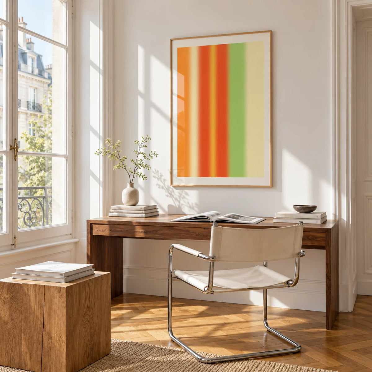 Bright Abstract Wall Art, framed on the wall of a bright study corner with a tall white paned window