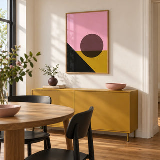 Bright Colored Artwork, framed on the wall of a bright modern dining nook in a first flat (22-28) with a warm white wall