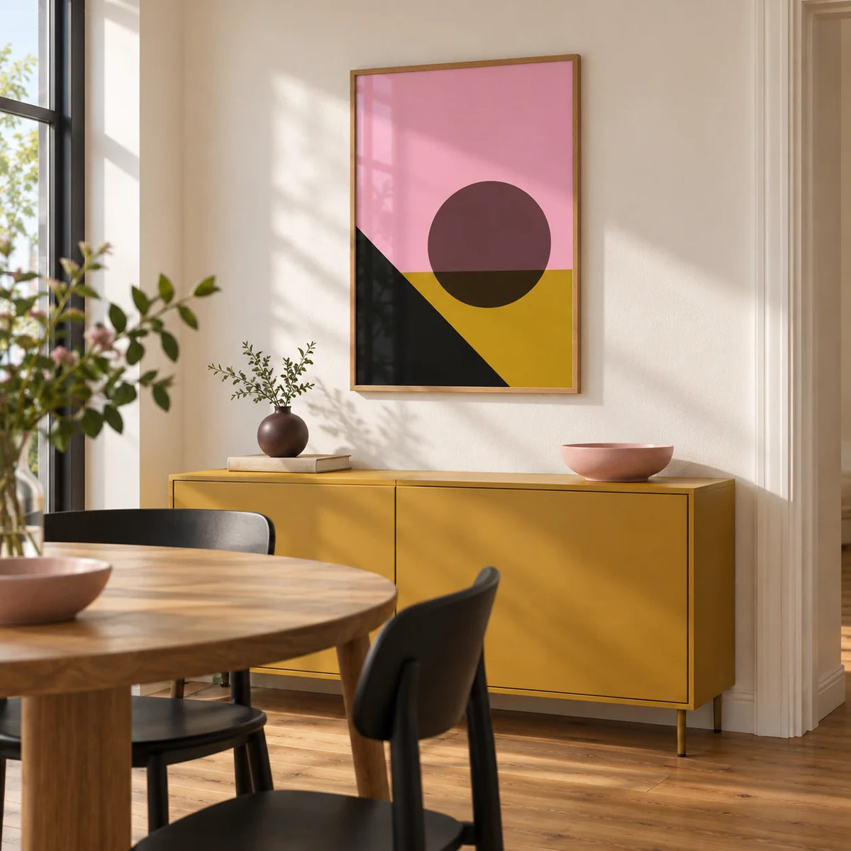 Bright Colored Artwork, framed on the wall of a bright modern dining nook in a first flat (22-28) with a warm white wall
