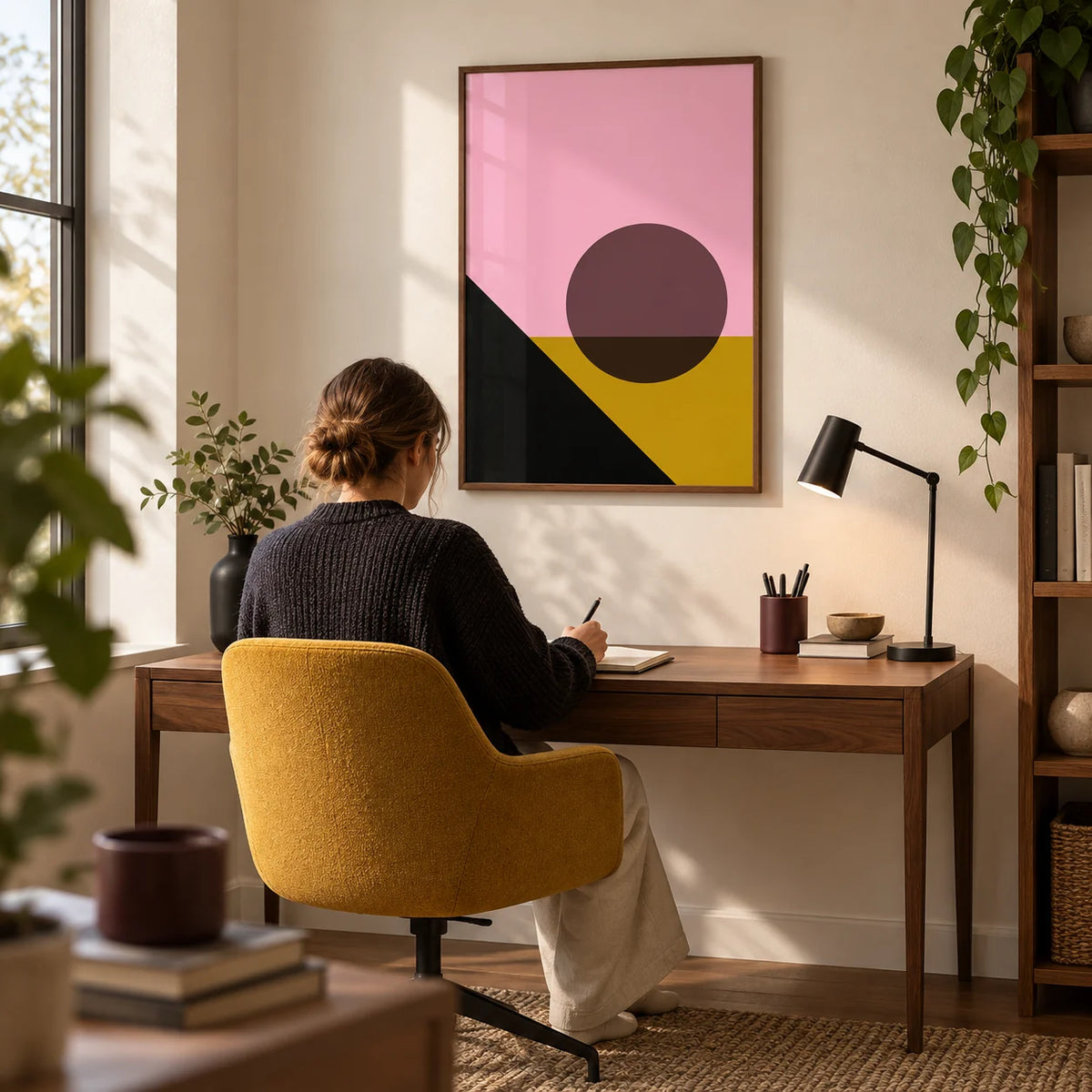 Bright Colored Artwork, framed on the wall of a compact home office with a warm white wall and a walnut desk
