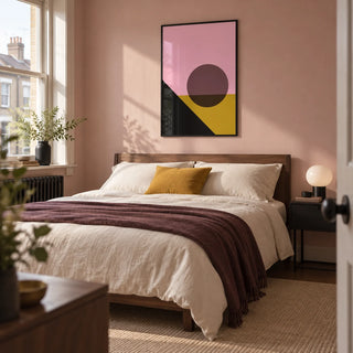 Bright Colored Artwork, framed on the wall of a modern bedroom in a UK terraced house with a muted blush wall