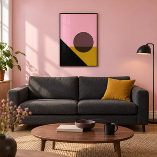 Bright Colored Artwork, framed on the wall of a modern living room in a UK city flat with a pale pink wall and oak floor