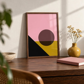 Bright Colored Artwork, a small A4 framed print leaning on a walnut desk