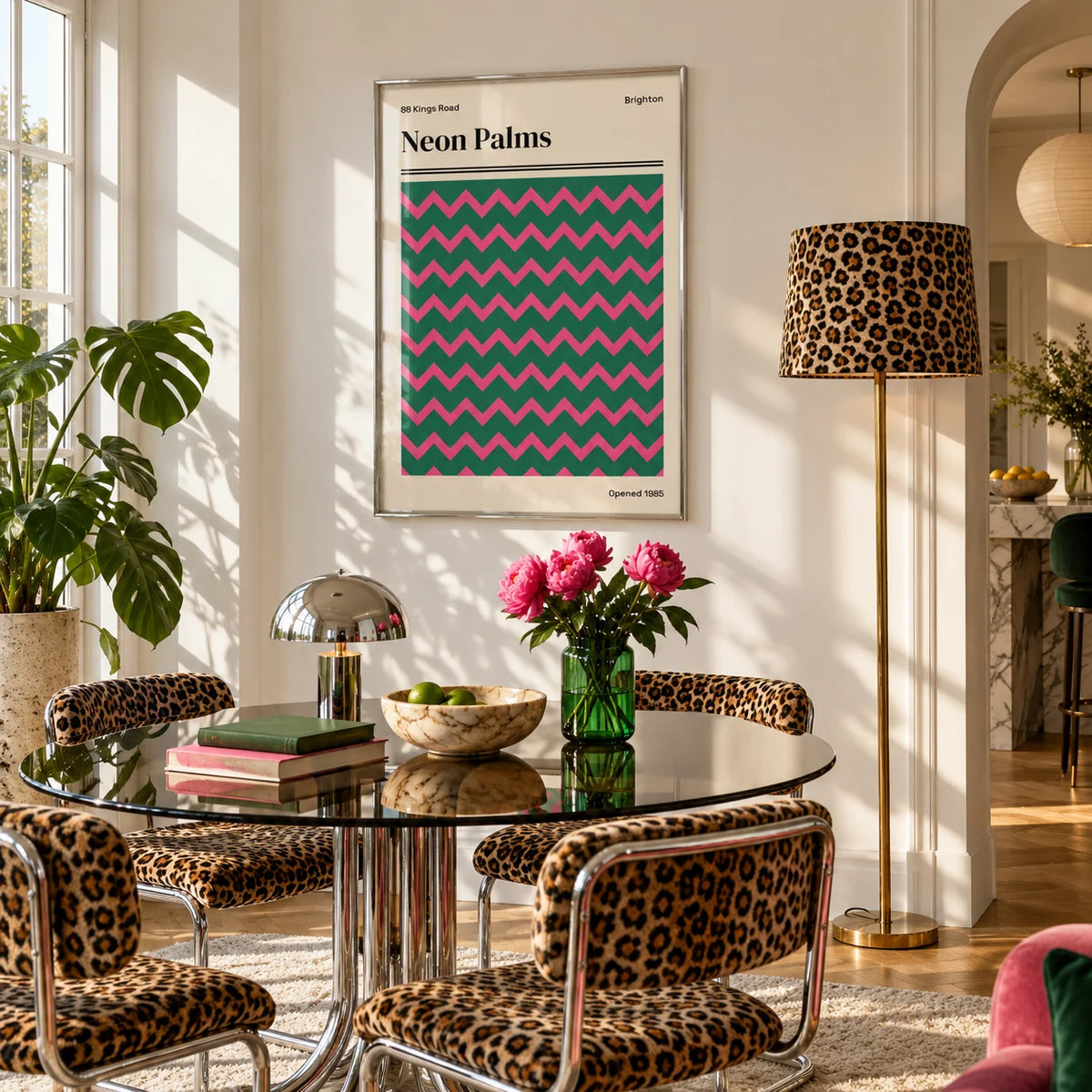 Brighton Print, framed on the wall of a bright white dining room in strong afternoon sun