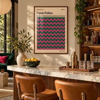 Brighton Print, framed on the wall of a stylish home bar in a living room