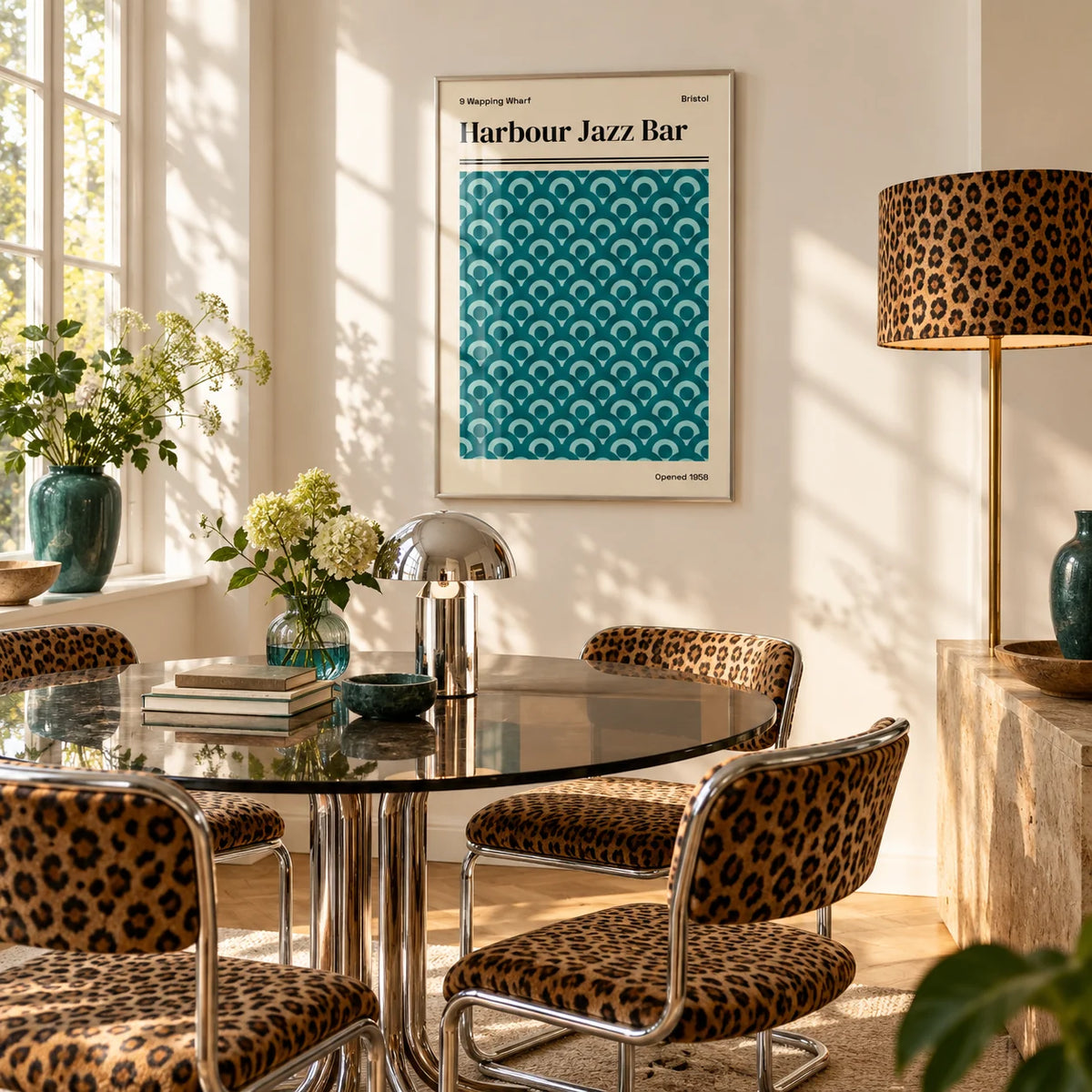 Bristol Print, framed on the wall of a bright white dining room in strong afternoon sun