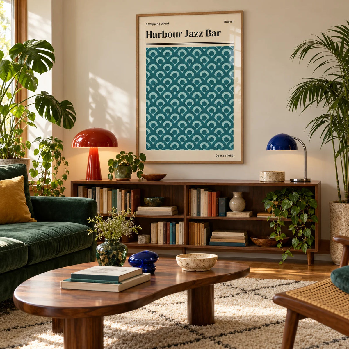 Bristol Print, framed on the wall of a warm mid-century living room