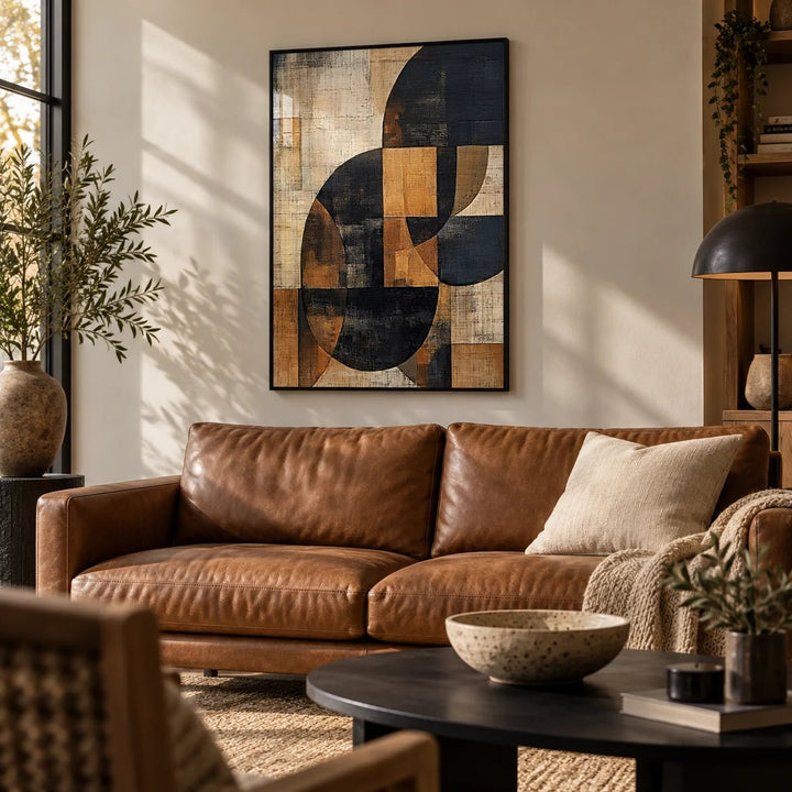 Brown Abstract Wall Art, framed on the wall of a modern earthy living room