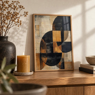 Brown Abstract Wall Art, a small A4 framed print leaning on an oak shelf in a living room