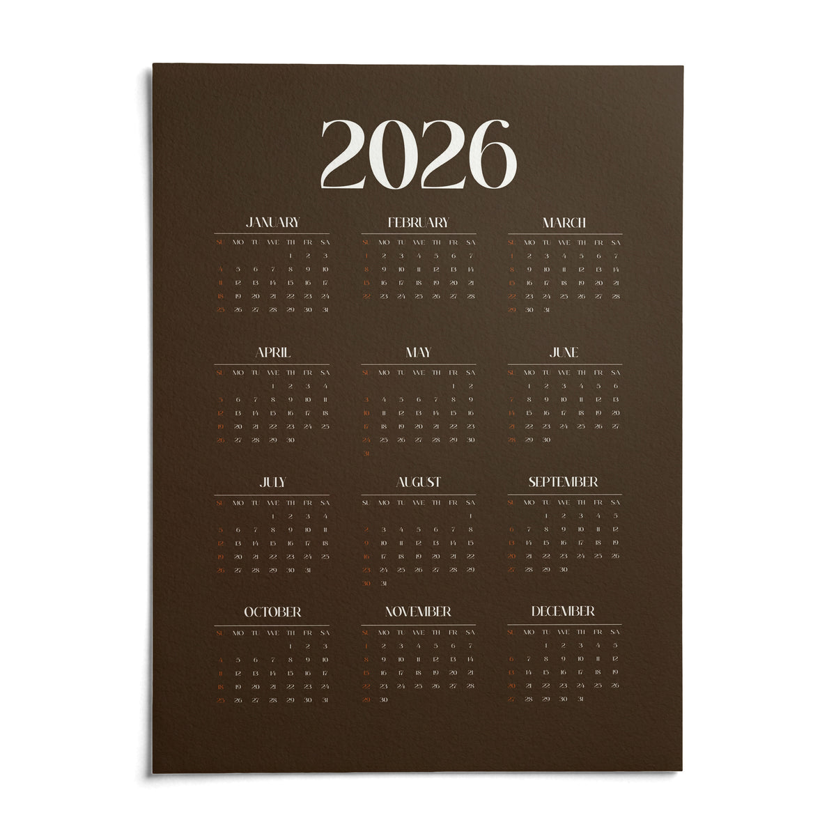 Brown Calendar Print, shown as an unframed paper print on a plain white background