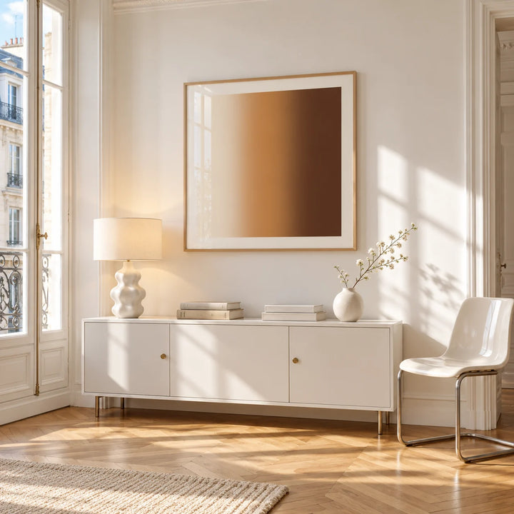 Brown Wall Art, framed on the wall of a bright Paris style apartment in a living room