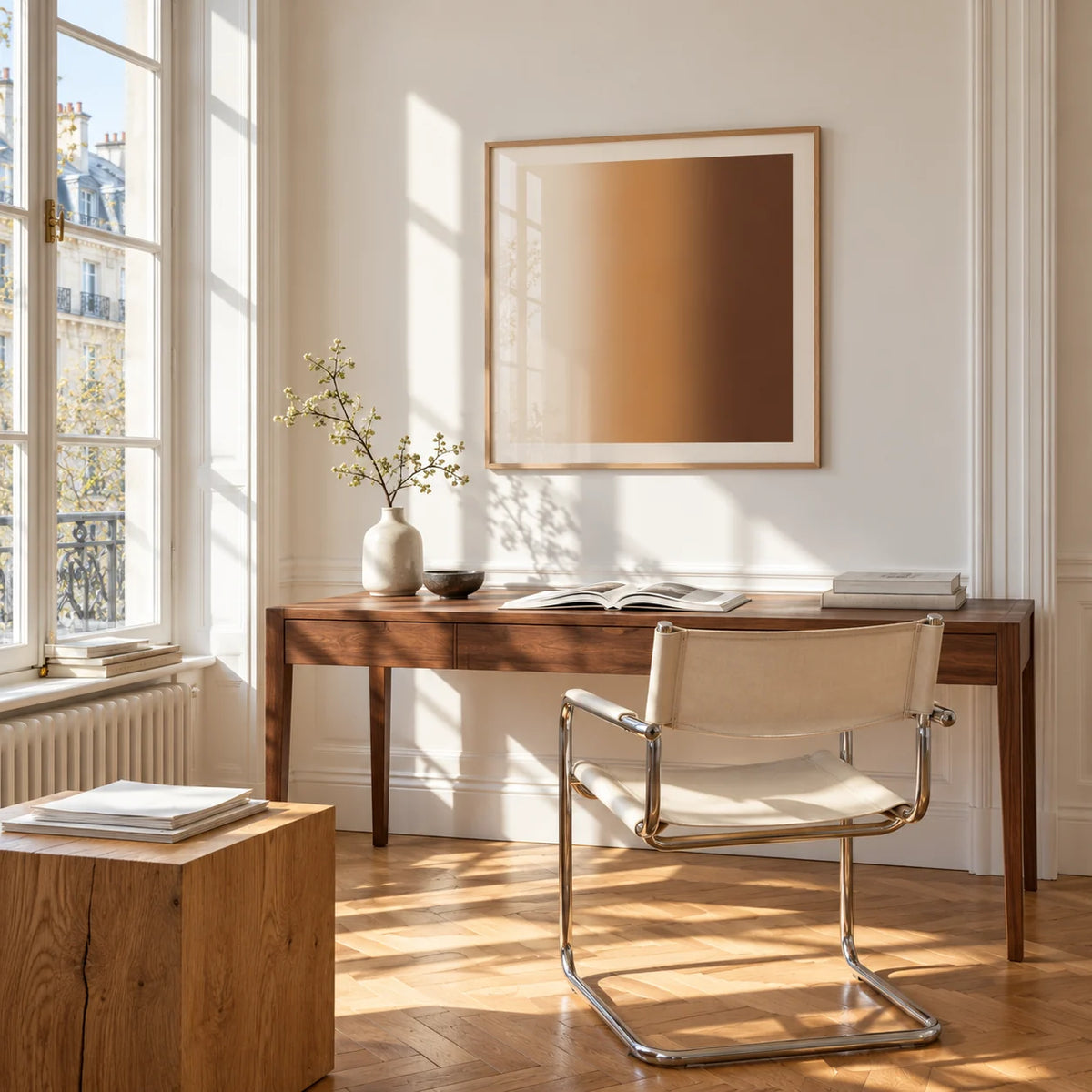 Brown Wall Art, framed on the wall of a bright study corner with a tall white paned window