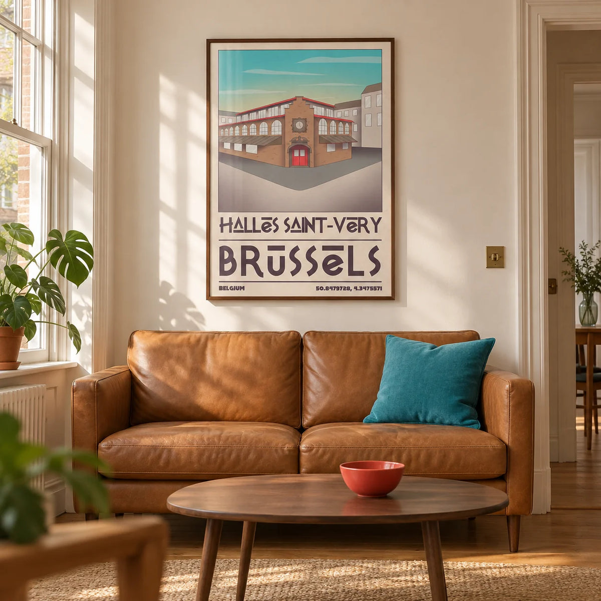 Brussels Architecture Art Print, framed on the wall of a characterful living room in a UK city flat with warm cream walls