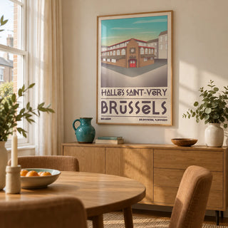Brussels Architecture Art Print, framed on the wall of a compact dining room in a UK terraced house with cream walls and a tall window