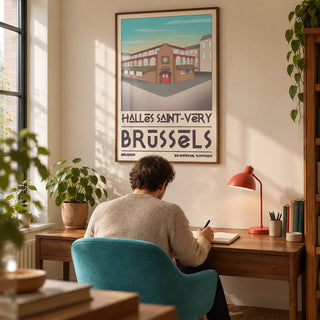 Brussels Architecture Art Print, framed on the wall of a quiet home study for an architecture enthusiast with a warm white wall and a solid turquoise desk chair