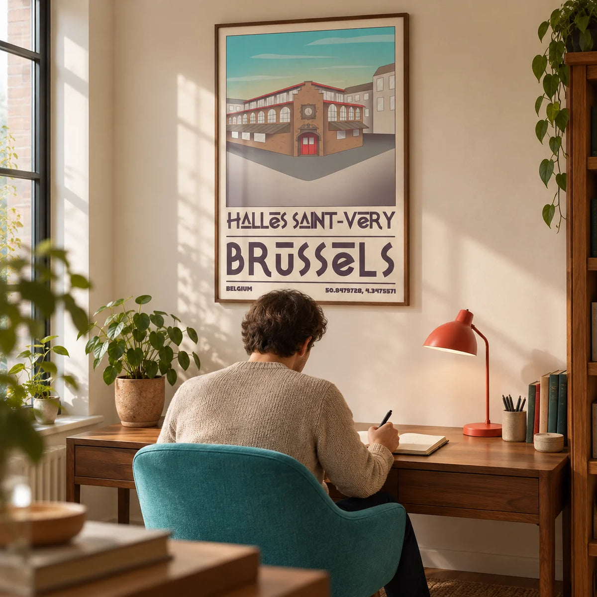 Brussels Architecture Art Print, framed on the wall of a quiet home study for an architecture enthusiast with a warm white wall and a solid turquoise desk chair
