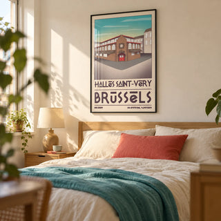 Brussels Architecture Art Print, framed on the wall of a relaxed bedroom in a design-conscious city flat with warm cream walls