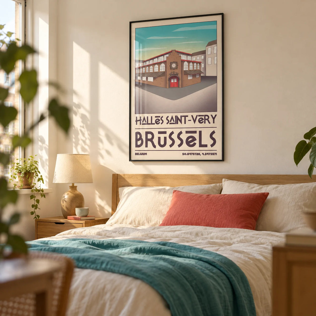 Brussels Architecture Art Print, framed on the wall of a relaxed bedroom in a design-conscious city flat with warm cream walls