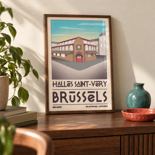Brussels Architecture Art Print, a small A4 framed print leaning on a walnut sideboard in a living room