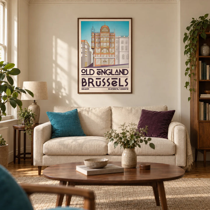 Brussels Architecture Print, framed on the wall of a characterful living room in a UK Victorian terrace with warm cream walls