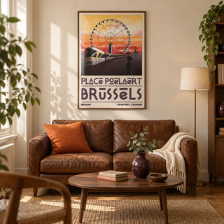 Brussels Cityscape Art Print, framed on the wall of a characterful living room in a UK city flat with warm cream walls