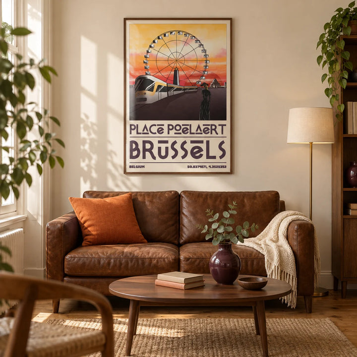Brussels Cityscape Art Print, framed on the wall of a characterful living room in a UK city flat with warm cream walls