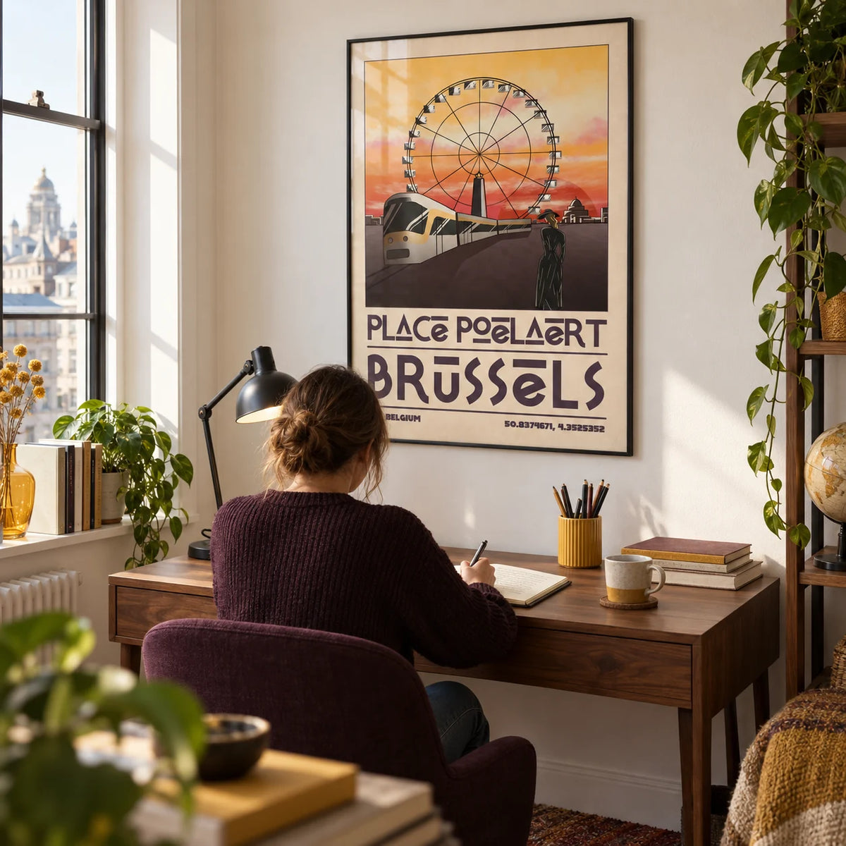 Brussels Cityscape Art Print, framed on the wall of a compact home study in a travel-loving adult's UK flat with a warm white wall and a tall narrow window
