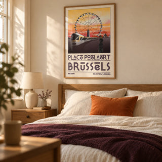 Brussels Cityscape Art Print, framed on the wall of a restful bedroom in a couple's terraced home with warm cream walls and simple vintage oak furniture