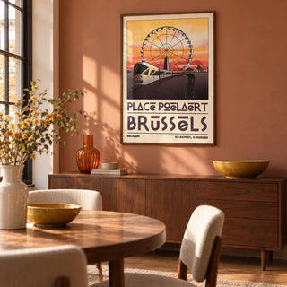 Brussels Cityscape Art Print, framed on the wall of a warm dining room in a city maisonette with a muted clay wall and simple mid-century furniture