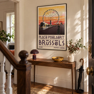 Brussels Cityscape Art Print, framed on the wall of a welcoming hallway in a Victorian terrace with pale cream plaster walls and warm brown timber flooring