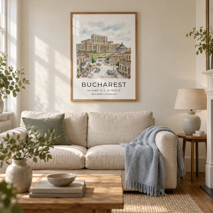 Bucharest Cityscape Art Print, framed on the wall of a warm living room in a UK Victorian terrace with ivory walls