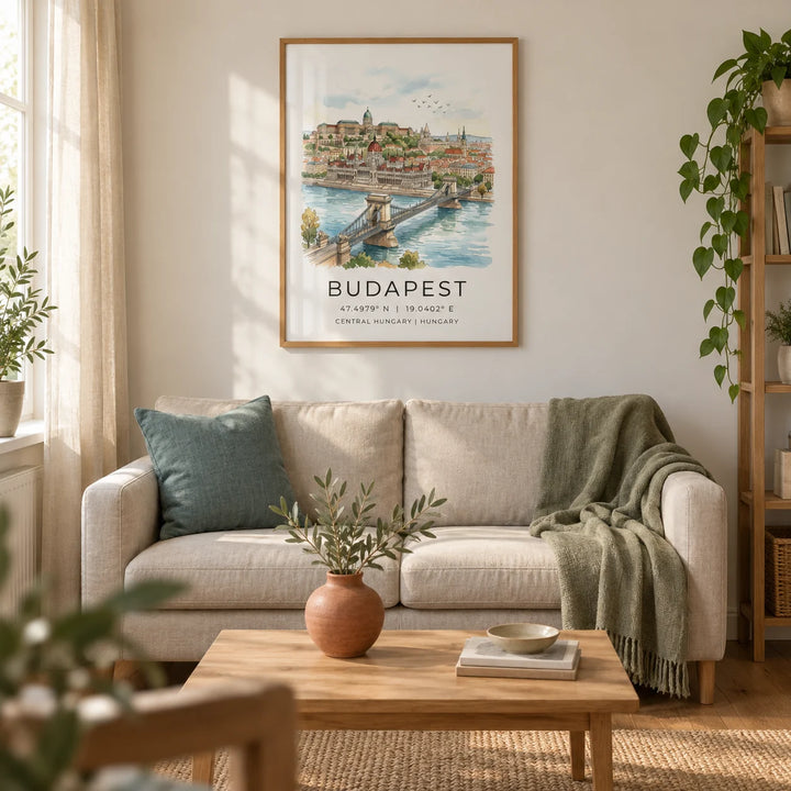 Budapest Cityscape Wall Art, framed on the wall of a calm living room in a UK city flat with warm white walls