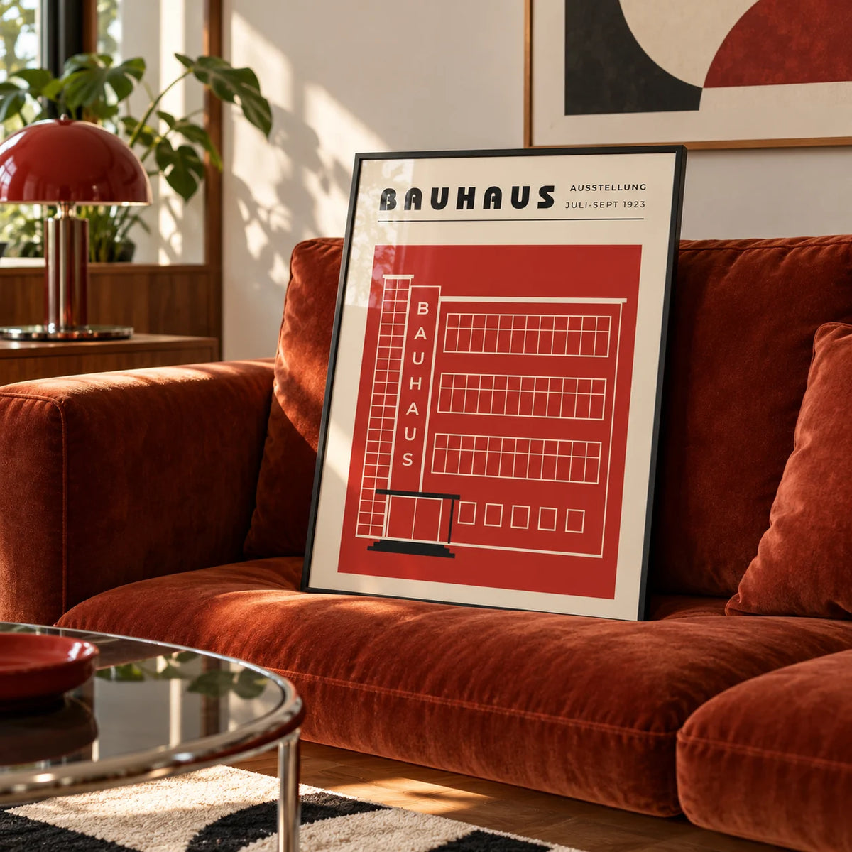 Building Print, a framed print leaning on a velvet sofa in a living room