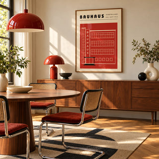 Building Print, framed on the wall of a mid-century dining room with a round walnut table