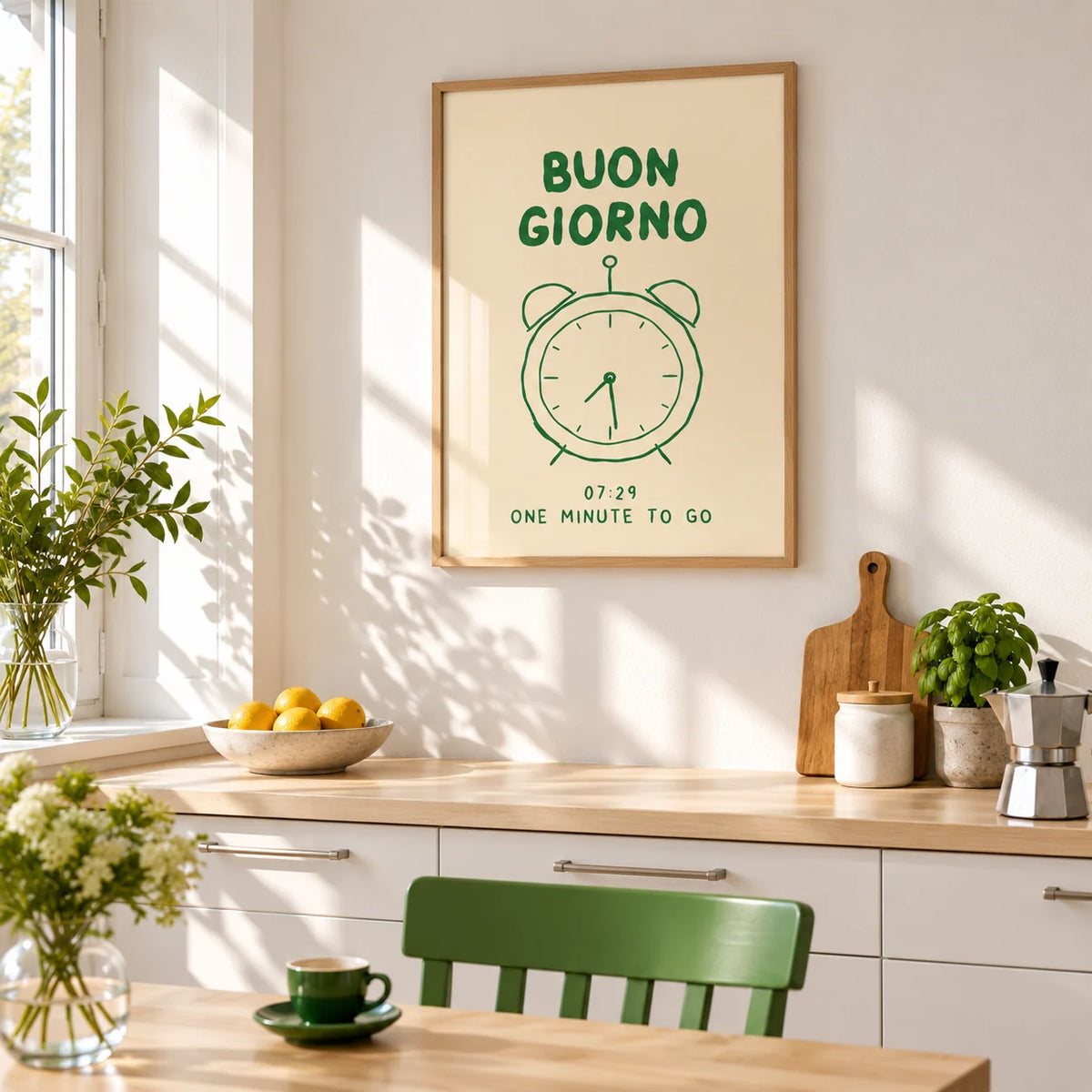 Buongiorno Print, framed on the wall of a bright white kitchen with a green chair