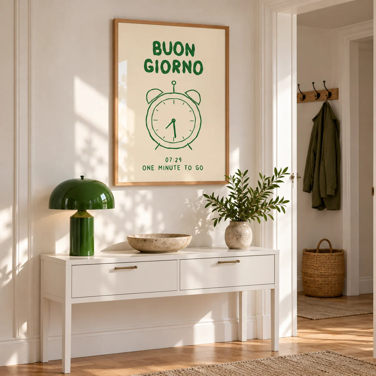 Buongiorno Print, framed on the wall of an entry hall above a white console