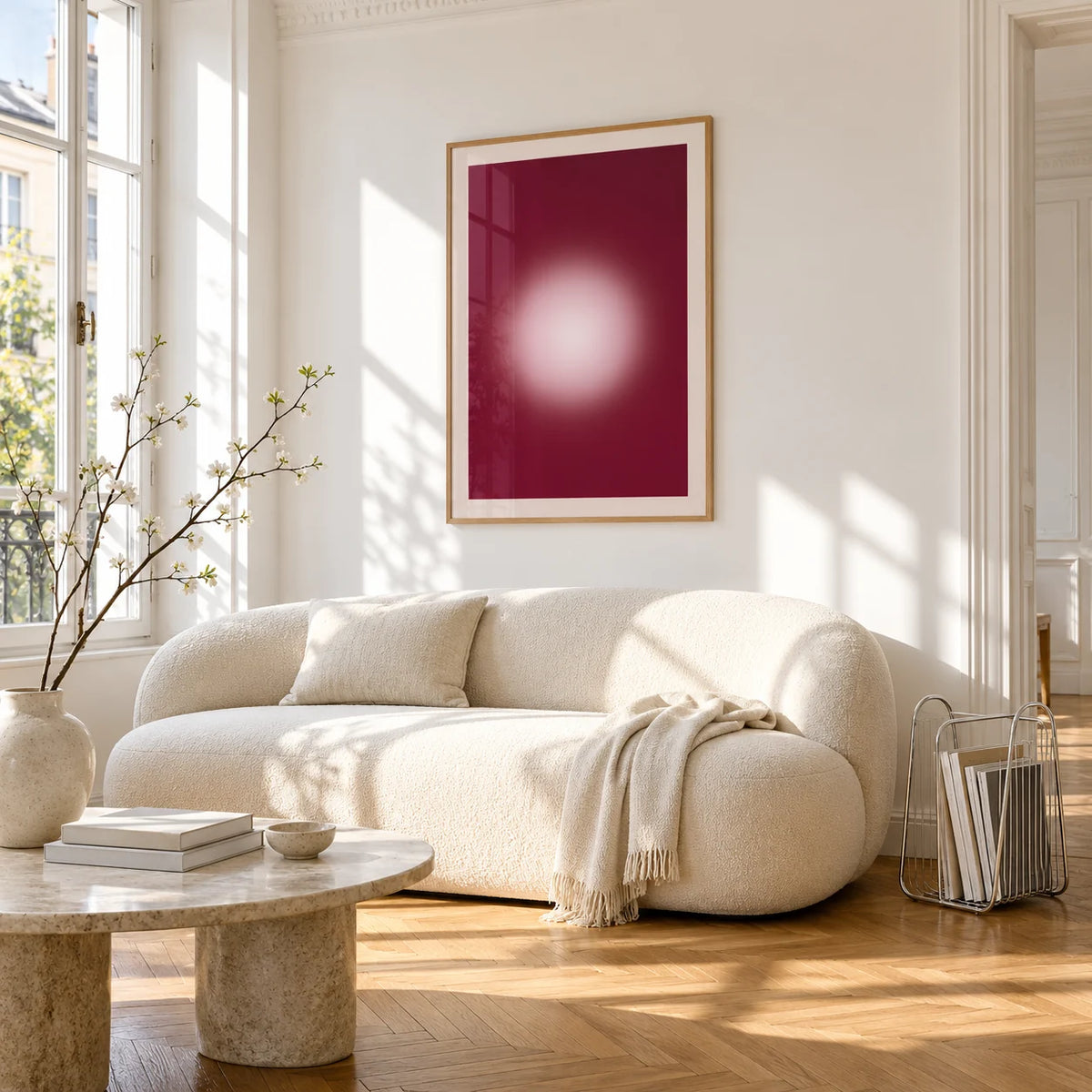 Burgundy Aura Print, framed on the wall of a bright living room corner