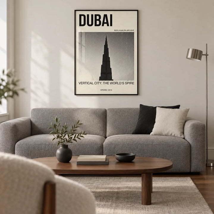 Burj Khalifa Art Print, framed on the wall of a modern living room in a UK city flat with an ivory wall