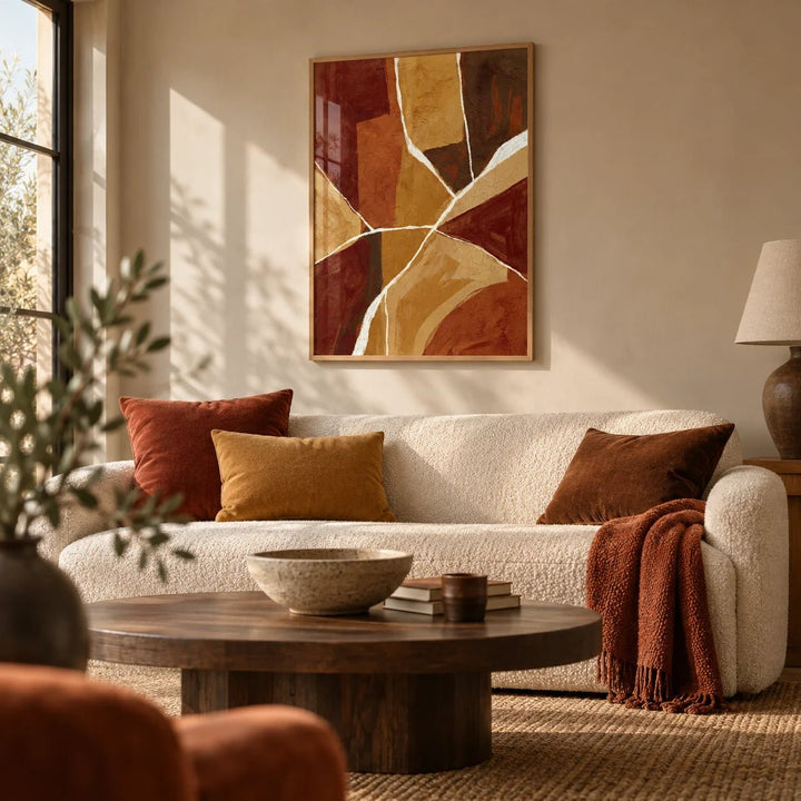 Burnt Orange Abstract Art, framed on the wall of a warm earthy living room