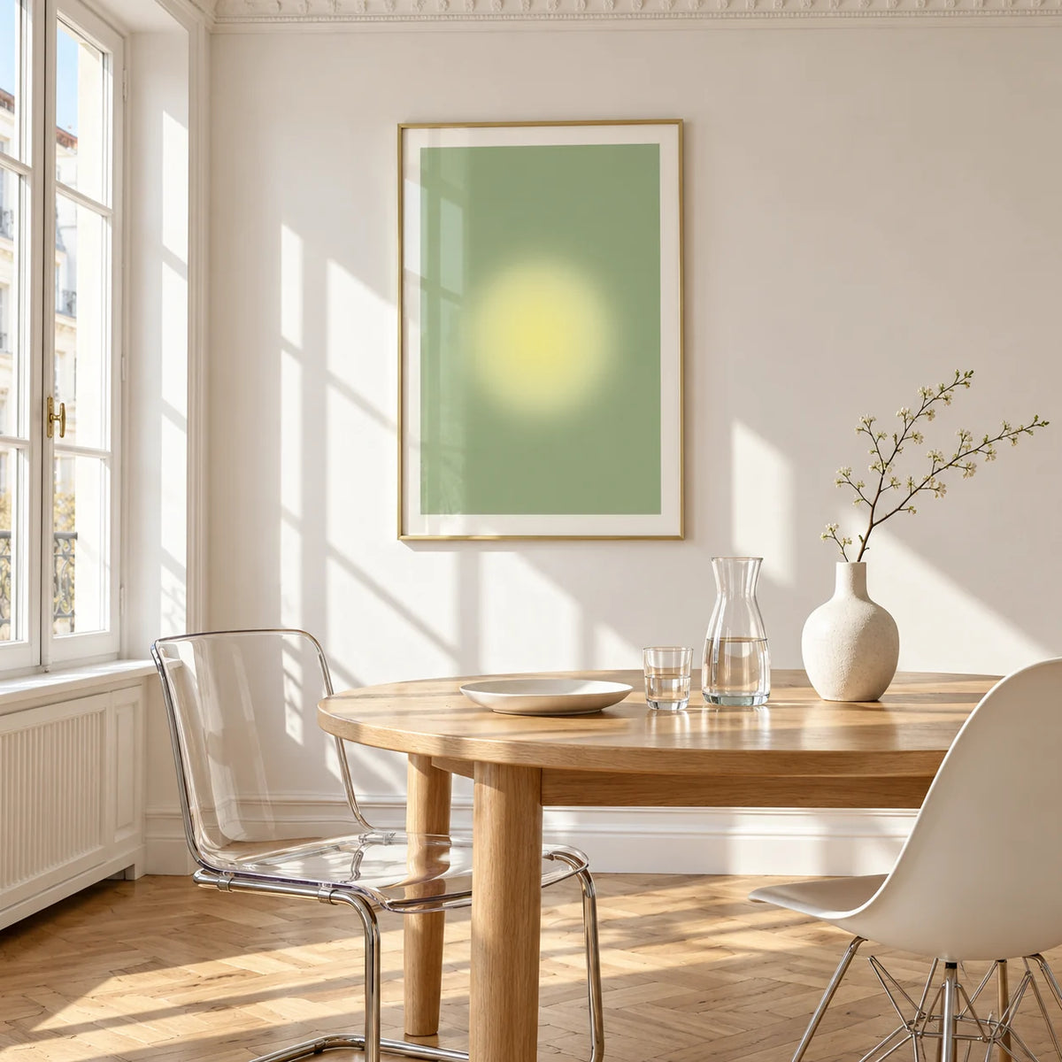 Butter Yellow Wall Art, framed on the wall of a bright dining corner