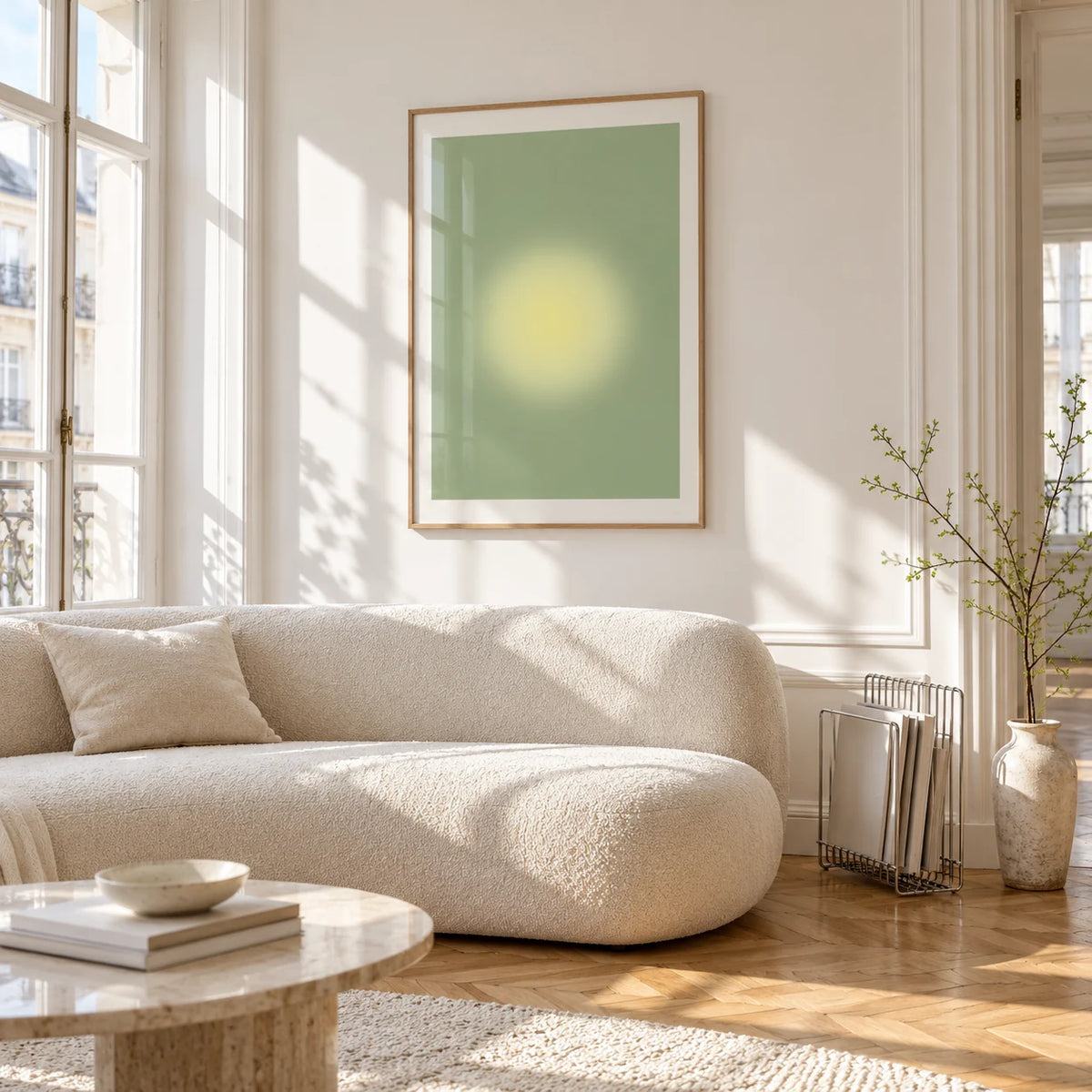 Butter Yellow Wall Art, framed on the wall of a bright living room corner