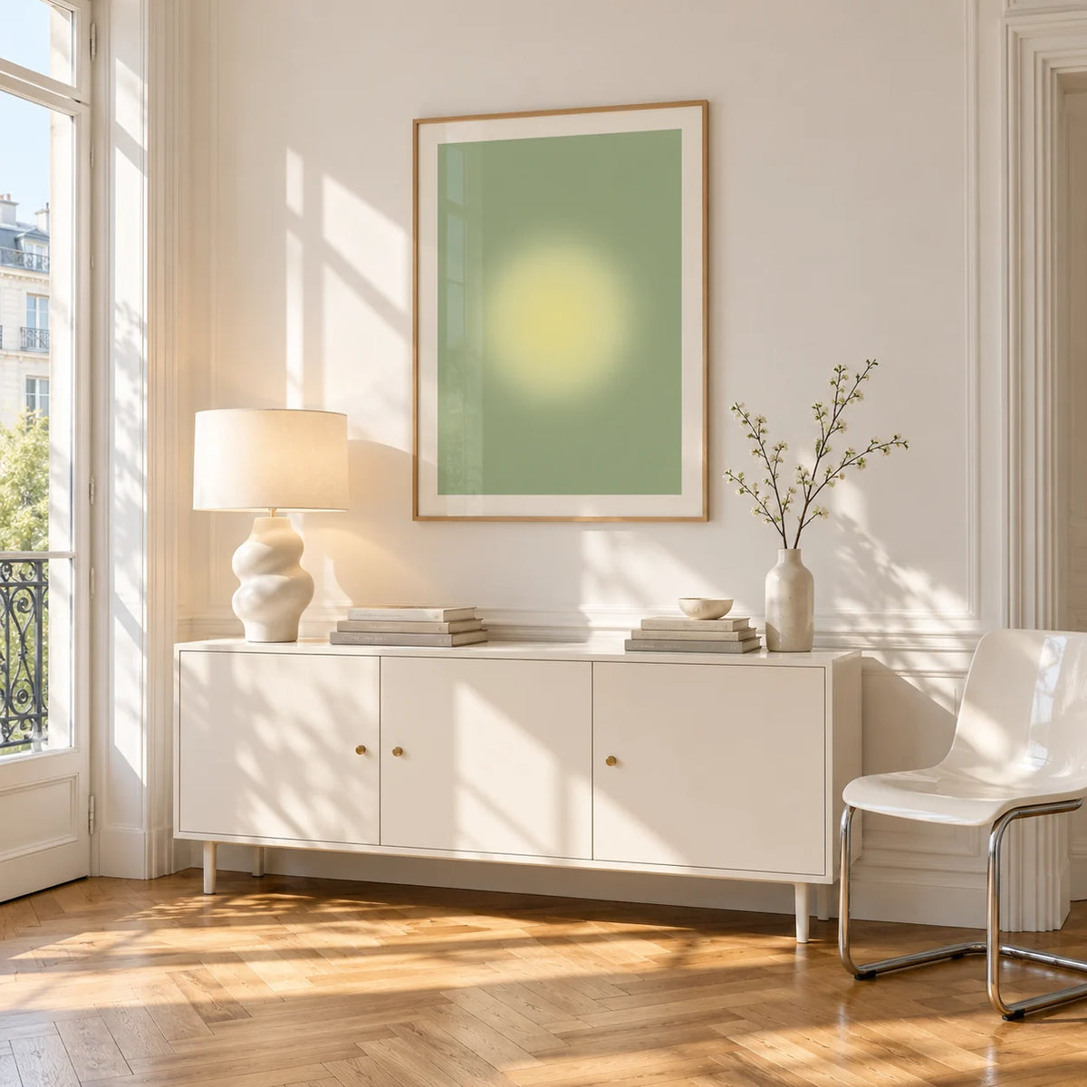 Butter Yellow Wall Art, framed on the wall of a bright Paris style apartment in a living room