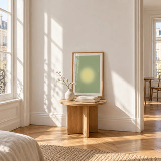 Butter Yellow Wall Art, a small A4 framed print leaning on a small solid oak side table