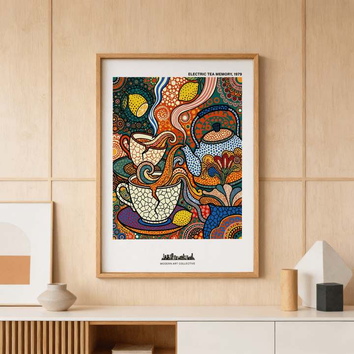 Tea Time wall art with abstract tea cups and teapot in vibrant colours displayed above a cabinet