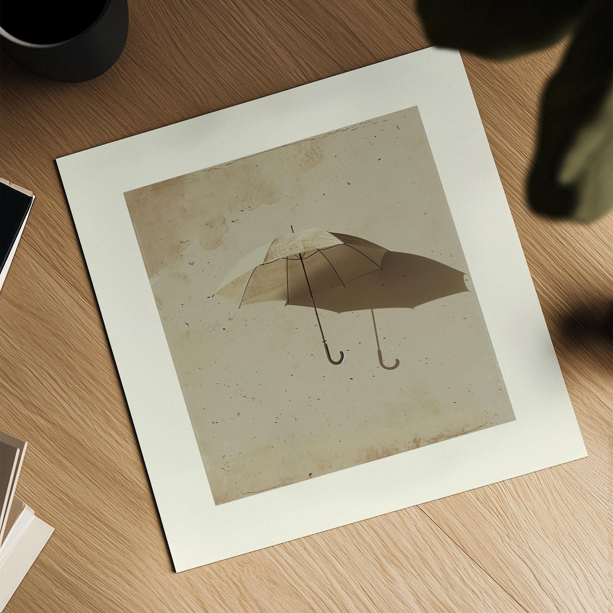 Surrealism Prints showing a minimalist open umbrella with its shadow on a wooden surface