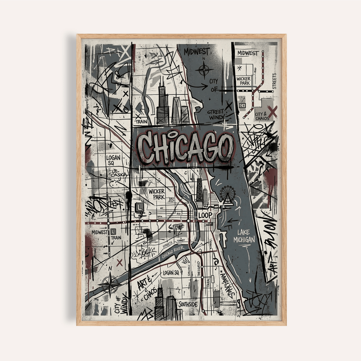 Framed Chicago Street Art print showing a grey, black, and brown urban map illustration