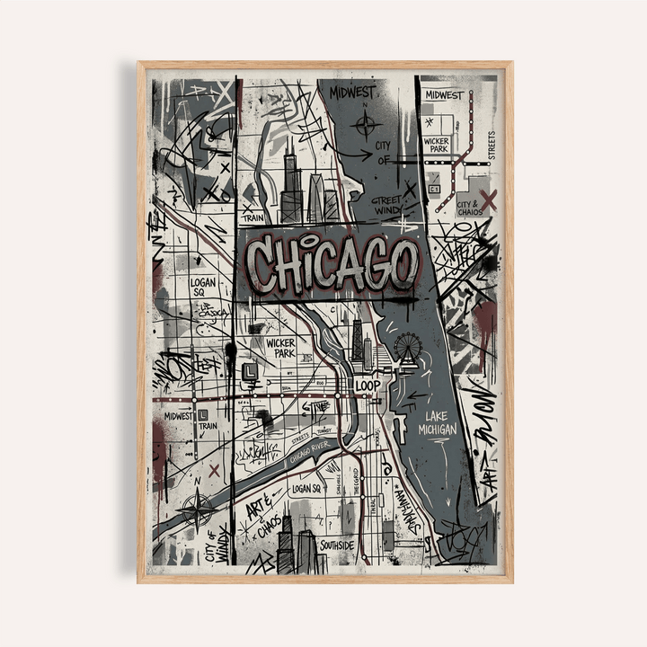 Framed Chicago Street Art print showing a grey, black, and brown urban map illustration